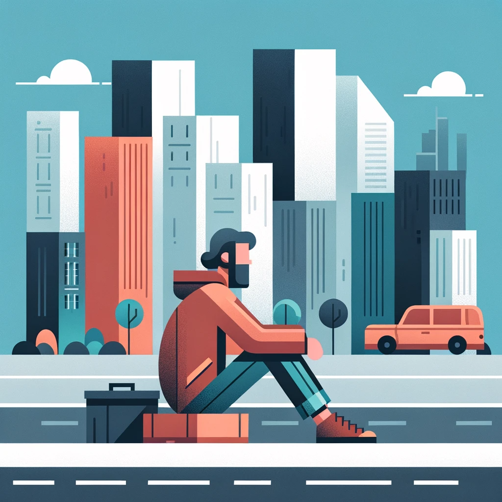 illustration of a homeless man on a city street.