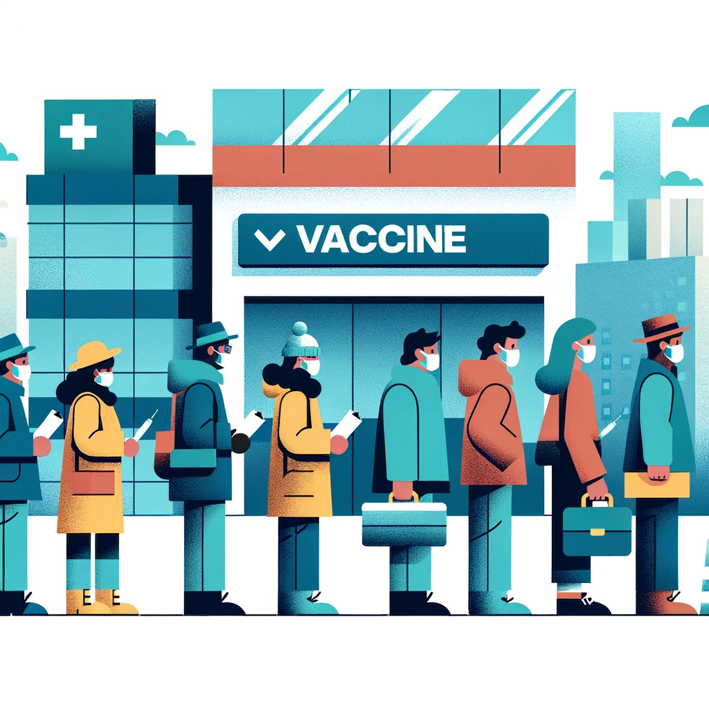 illustration of a group of masked individuals in line for a vaccine